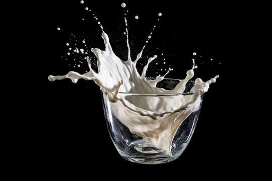 An image of a glass of milk being poured with a dramatic splash, captured in mid-air, against a black background. Generative Ai
