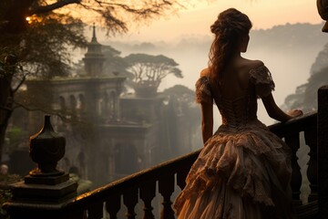 A Victorian lady gazes out over a misty landscape. Generative AI