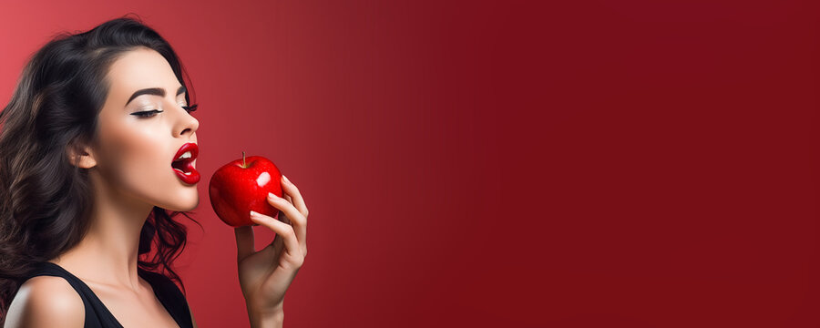 Beautiful young woman holding a red apple - symbolic of sin and temptation banner