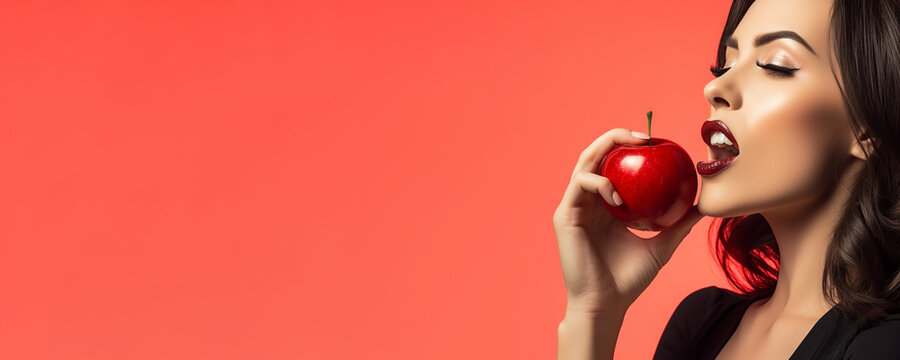 Beautiful young woman holding a red apple - symbolic of sin and temptation banner