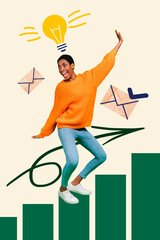 Creative collage picture of young girl dancing invent creative startup lightbulb idea decision...