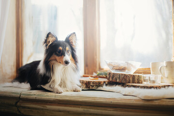 Shetland sheepdog (Sheltie) enjoying a delightful breakfast spread on a wooden plate, complete with coffee, tea, and delicious cakes.