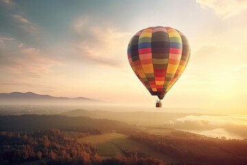 Colorful Hot Air Balloons in Blue Sky Horizon. Copy Space Background