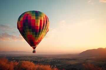 Fototapeta premium Colorful Hot Air Balloons in Blue Sky Horizon. Copy Space Background