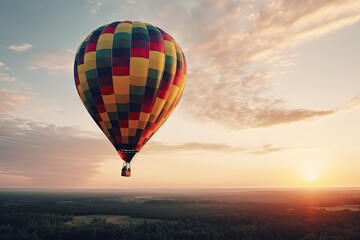 Colorful Hot Air Balloons in Blue Sky Horizon. Copy Space Background