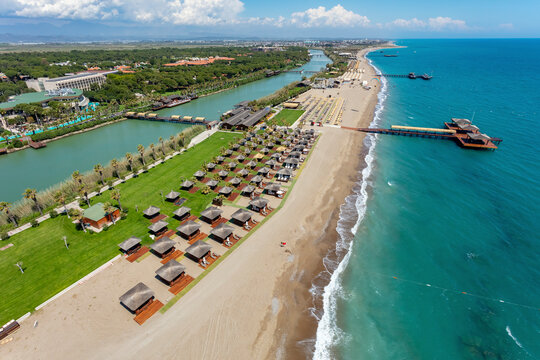 Aerial view of hotels and beach on the Mediterranean Sea coast of Belek, Antalya, Turkey.