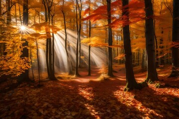 "Sunlight filters through crimson foliage, painting the tranquil morning in an amber glow within the woodland embrace."