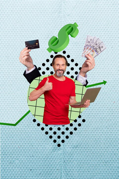 Template graphics collage image of confident mature guy leaving positive feedback online banking isolated blue color background