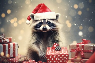 Fototapeta na wymiar christmas card concept cut raccoon holding gifts wearing santa claus hat