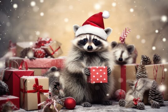 christmas card concept cut raccoon holding gifts wearing santa claus hat