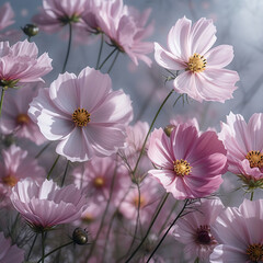 Generative AI : Sweet Pink Cosmos: A Delicate Field of Blooming Beauty"