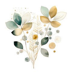Generative AI : Elegant Watercolor Green Plant: Minimalist Floral Delight in White and Gold