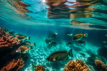 Naklejka na ściany i meble Create a vibrant scene where a kaleidoscope of fish gracefully navigates through an otherworldly coral garden in an azure expanse.