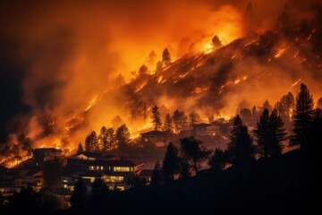 Fototapeta na wymiar a fire burns a forest near a residential area at night