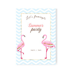 Summer party invitation template. Two pink flamingos, glitters and stars.