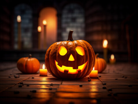 Pumpkin Jack O'Lantern surrounded by halloween decor