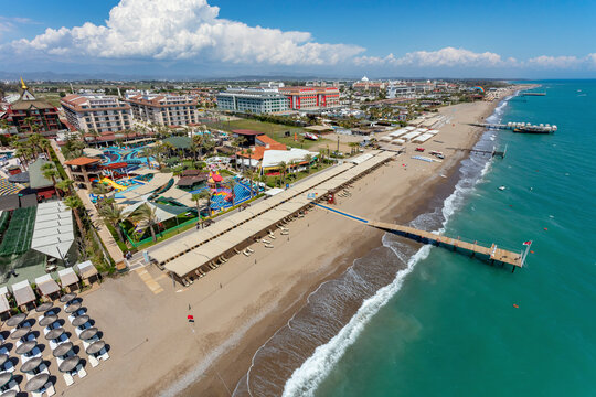 Aerial view of hotels on the Mediterranean Sea coast of Belek, Antalya, Turkey.