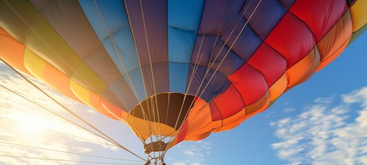 Closeup of hot air balloon in blue cloudy sky (Generative Ai)