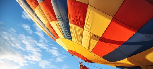 Fototapeta premium Closeup of hot air balloon in blue cloudy sky (Generative Ai)