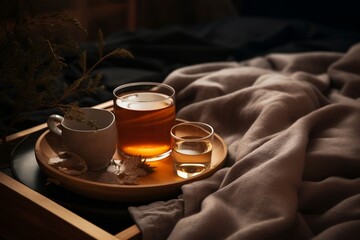 Cozy Morning Tray with Hot Tea in Bed, Lazy Morning Vibes. Generative AI