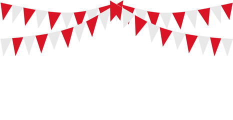 Obraz premium Bunting Hanging Red and White Flag Triangles Banner Background. Bunting flags for celebration, party, fair, market, sale. China, Canada, Swiss, Denmark concepts.