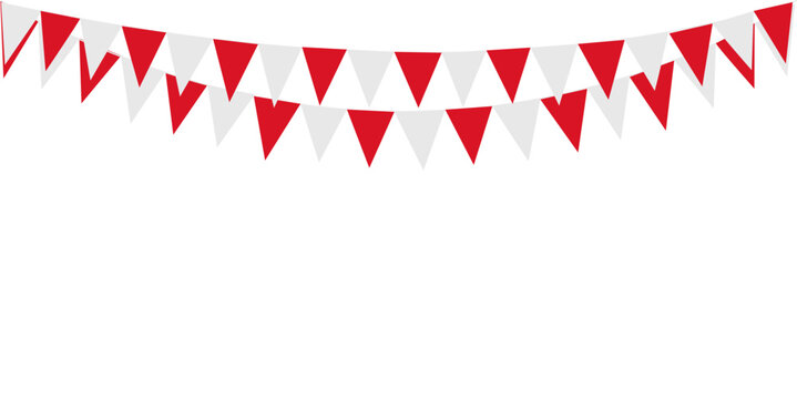Bunting Hanging Red and White Flag Triangles Banner Background. Bunting flags for celebration, party, fair, market, sale. China, Canada, Swiss, Denmark concepts.