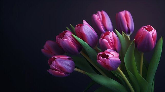 pink tulips on black background HD 8K wallpaper Stock Photographic Image