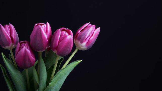 pink tulips on black background HD 8K wallpaper Stock Photographic Image