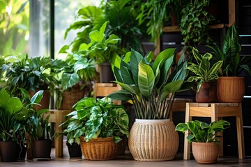 Lively Urban Oasis Assorted Tropical Houseplants, Including Philodendron. Generative AI