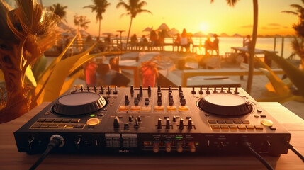 Dj console with beers and cocktails at the beach party