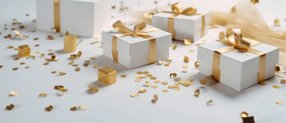 Happy Holidays composition. Celebration greeting background with gift boxes, sparkles, confetti. Flat lay. Top view.  cover for social networks, shopping mockup.Generative Ai