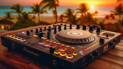 Dj console with beers and cocktails at the beach party