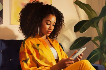 black woman using credit card on the couch, in the style of yellow and crimson