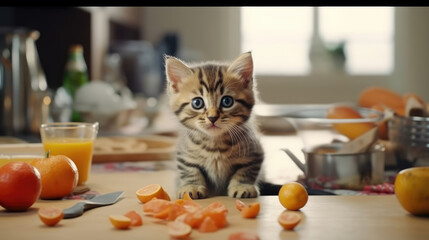 A kitten on the desk in the kitchen with delicious foods - obrazy, fototapety, plakaty