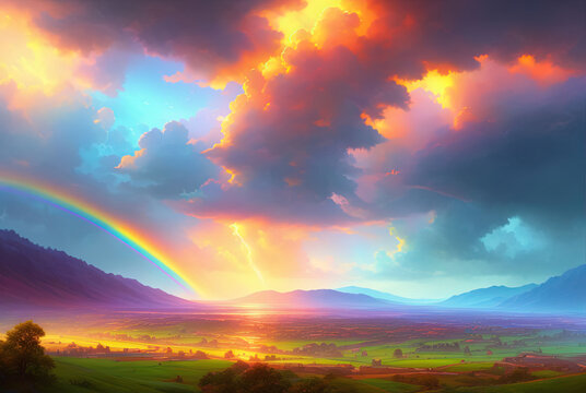 Vibrant rainbow after the rain. Ai generated technology