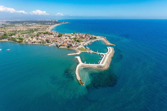 Aerial view of historical Side at the Mediterranean Sea coast of Antalya, Turkey.