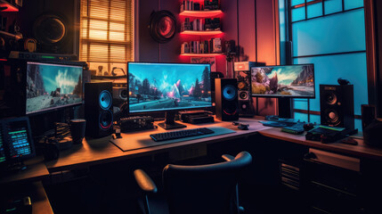 Naklejka premium Interior of High-Tech Computer and Gaming room setup