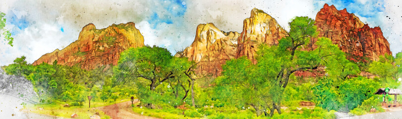 Digitally created watercolor painting of the Court of the Patriarchs, the Three Patriarchs in Zion National Park