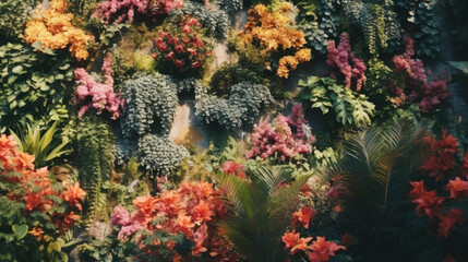 Naklejka na ściany i meble A wall full of vegetation with colorful flowers