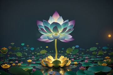A unique luminous lotus flower is floating in the lake, ai generated