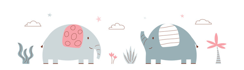 Abstract elephants in jungle. Little elephants in Scandinavian style. Cute childish animal border in row. Elephant calf on white background. Hand drawn vector isolated illustration in flat style.