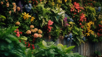 Fototapeta na wymiar A wall full of vegetation with colorful flowers