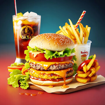 Realistic three-dimensional image of six layer delicious chees burger with soft drinks