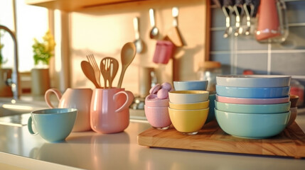 Utensils and dishware in modern kitchen