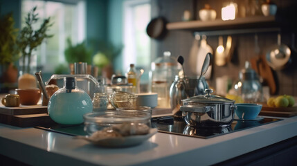 Fototapeta na wymiar Utensils and dishware in modern kitchen