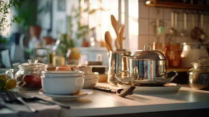 Fototapeta na wymiar Utensils and dishware in modern kitchen