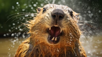 Wildlife animals background - Closeup of funny cute laughing marmot (marmota), taking a shower in the water of a like or river (Generative Ai)
