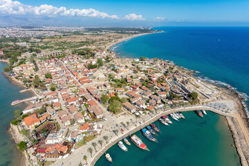 Aerial view of historical Side at the Mediterranean Sea coast of Antalya, Turkey.