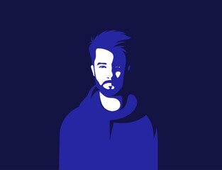 portrait of a mysterious and serious man with a hoodie hidden in the shadows. Blue editable vector minimalistic illustration 