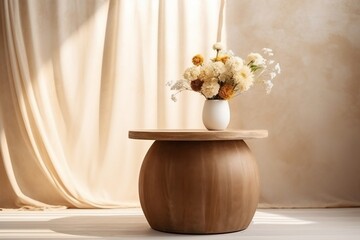 Natural Elegance Wooden Round Podium Table with Beautiful Grain and Flower. Generative AI